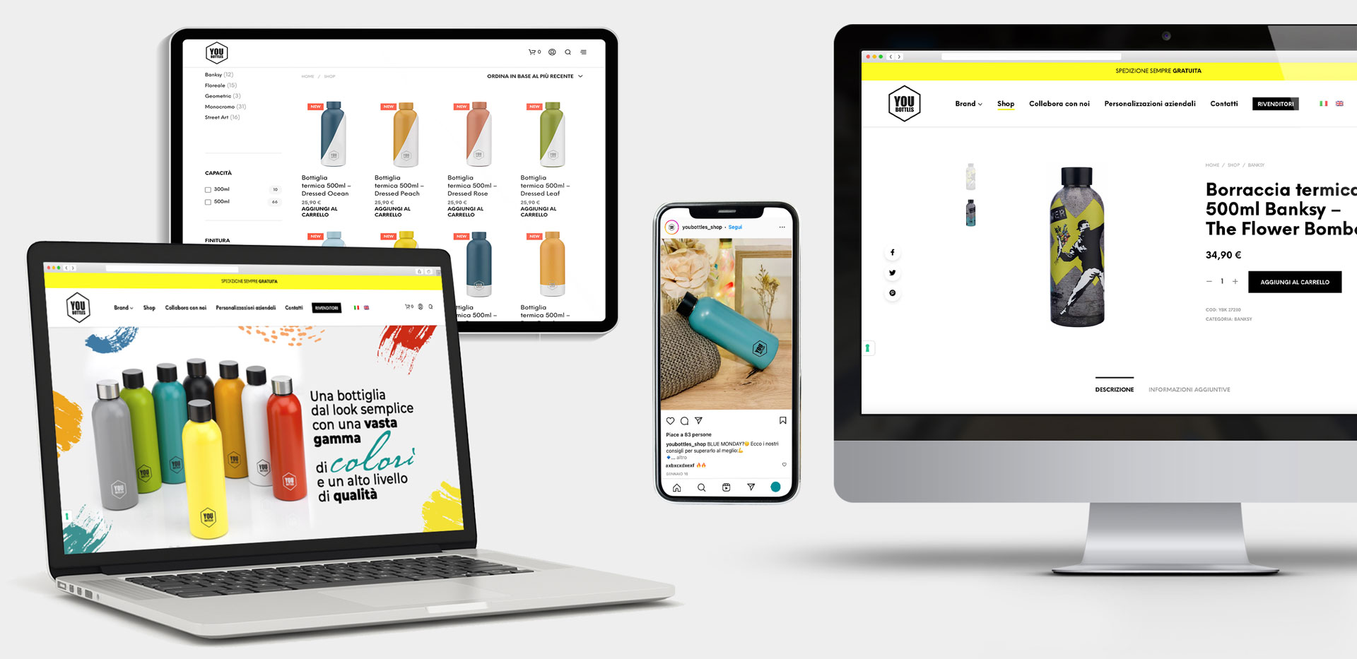 Visualizzazione sui vari dispositivi del sito ecommerce realizzato con WooCommerce per il brand italiano YouBottles